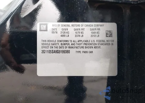 2016 Chevrolet Impala 1Lt from USA, damaged, VIN 2G1105SA8G9199380